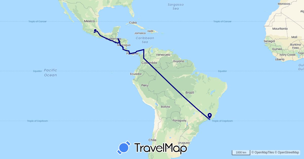 TravelMap itinerary: driving in Brazil, Colombia, Costa Rica, Guatemala, Honduras, Mexico, Nicaragua, Panama, El Salvador (North America, South America)